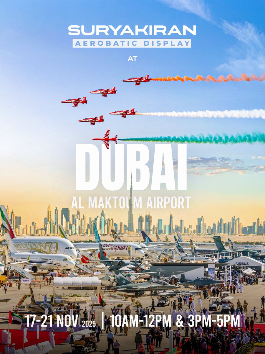 Suryakiran_IAF's tweet image. Dubai are you ready? Watch the Suryakiran Team paint the skies over Al Maktoum from 17-21 Nov, 10 am -12 pm and 3 pm - 5 pm.  

Creative by - @ahmedabadspotter @siliconspeed 

#suryakiranaerobaticteam #suryakiran_iaf #dubai #aerobatics #formation #uae #dubaiairshow