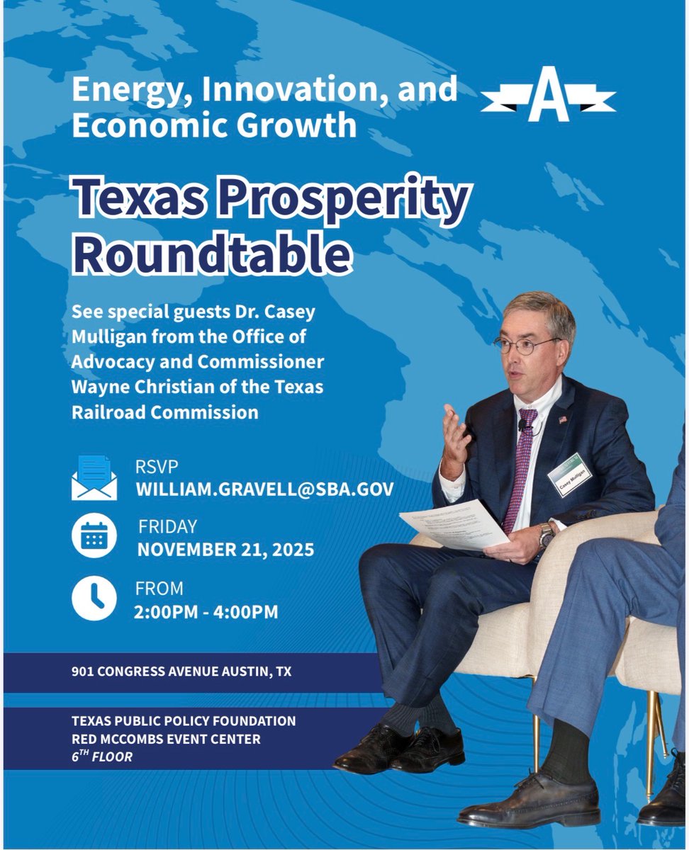 Next Friday, I'm honored to join the Texas Prosperity Roundtable w/ Dr. Casey Mulligan of the <a href="/AdvocacySBA/">Office of Advocacy</a>. We will be talking about my #DOGE effort at <a href="/txrrc/">Railroad Commission of Texas</a> &amp; how less red tape enables businesses &amp; economies to thrive. Americans want BETTER government, not MORE government.