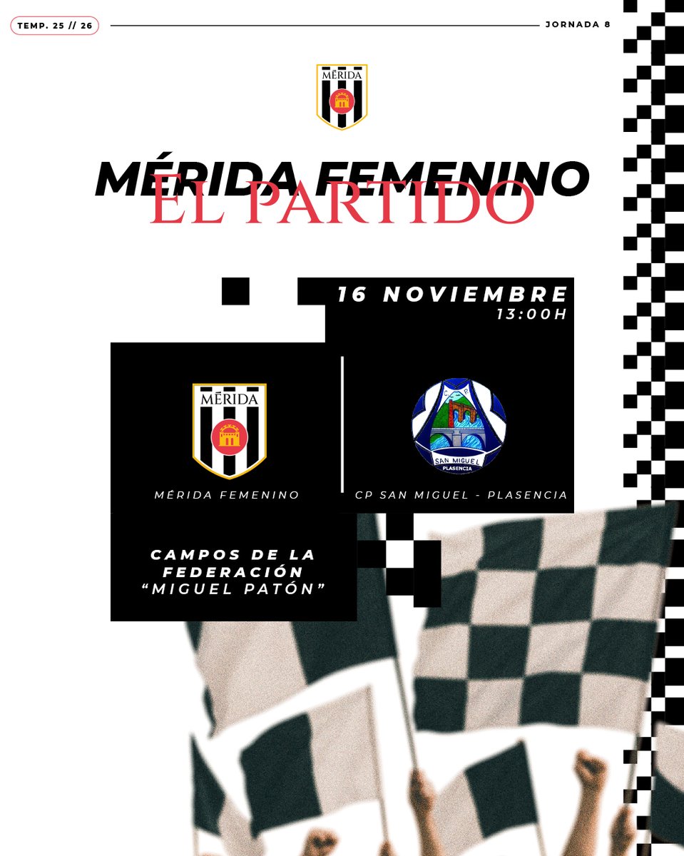 ⚪️⚫️ 𝐄𝐋 𝐏𝐀𝐑𝐓𝐈𝐃𝐎 | #MéridaFemenino

🆚 <a href="/CPSANMIGUEL_FEM/">C. P. San Miguel Plasencia Femenino</a> 
⏰ 13:00h
📅 Domingo, 16 de noviembre
🏟️ Campos de la Federación 'Miguel Patón'

🗣️ ¡Vamos, romanas! 🙌🏼