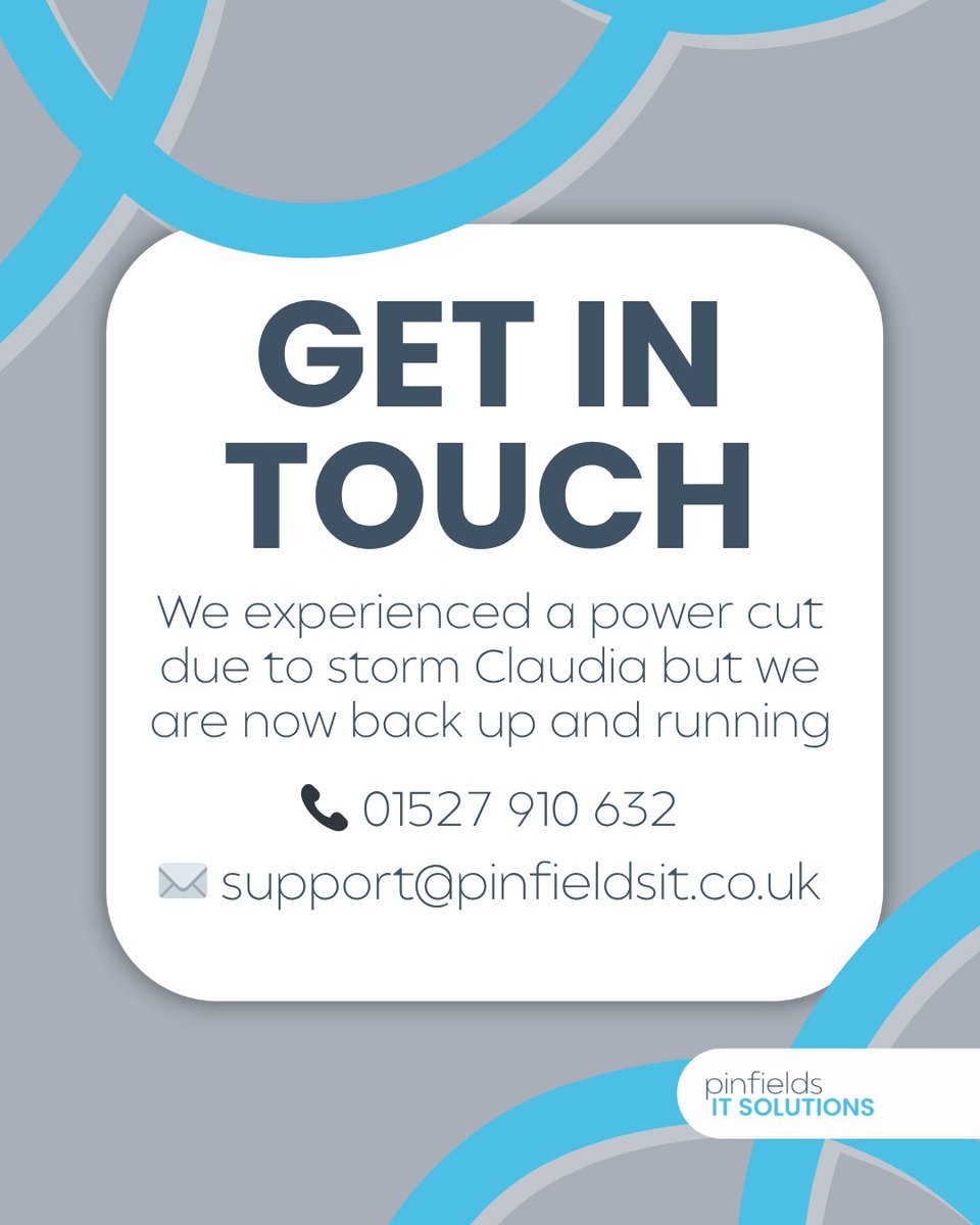 PinfieldsIT's tweet image. We have experienced a power cut due to Storm Claudia and apologise for any inconvenience if you were unable to get through to the team.

The power is now back on and we are contactable via phone or email.

📞 01527 910632
✉️ support@pinfieldsit.co.uk