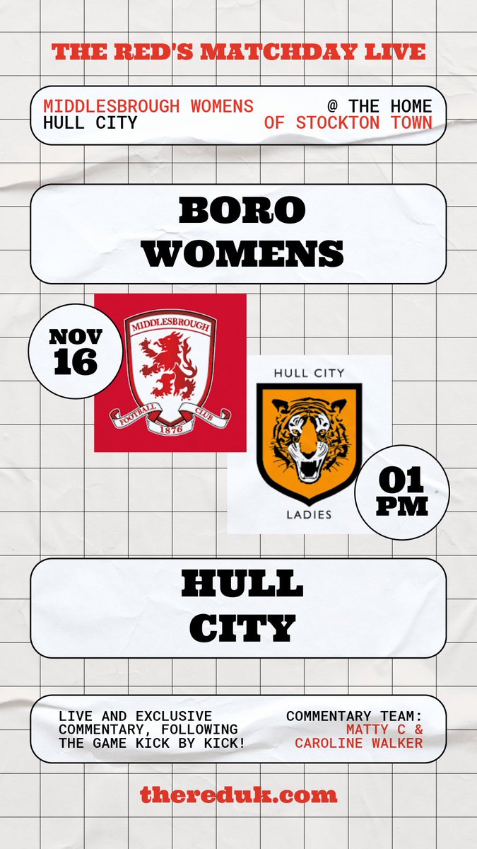 BORO WOMEN vs HULL CITY LADIES!

Join our commentary team, Matty C and Caroline Walker, as they bring you the live and exclusive commentary, following every moment, kick-by-kick!

Tune in from 1PM for all the pre-match build up!

This Sunday - only on The Red!