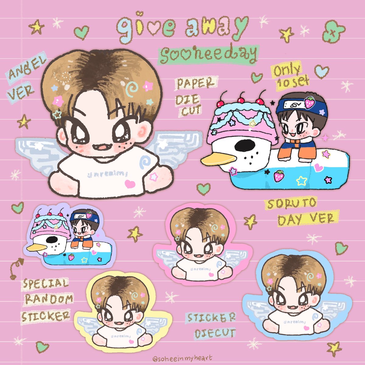 pls kindly rt 

giveaway sohee day 🍎 ೃ࿔*:･

✿ 10 sets ✿
paper diecut 2 ea ⤵️
angle ver./ soruto ver. 
(💂🏻‍♂️) sticker 3 ea 

*🗓️ gg forms 21 nov 
time : 19:30 🕢 (·`ʚ ˊ·:)
☆ shipping fee 40 baht ☆

#HAPPYSOHEEDAY #SOHEE