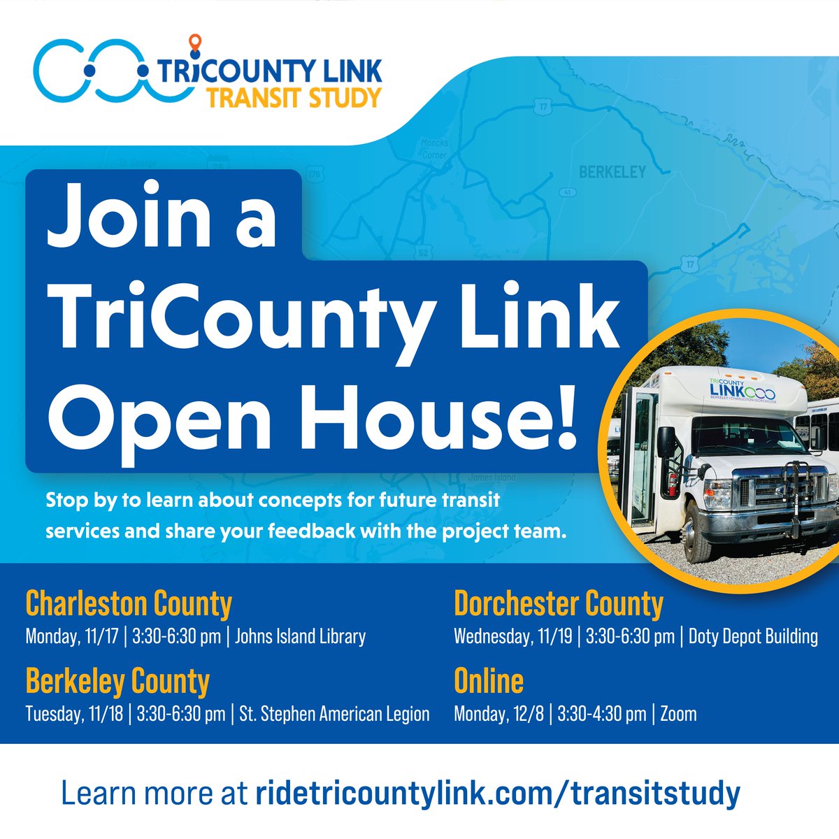 Help shape the TriCounty Link Transit Study by attending an open house next week. Review potential service changes and share your feedback with the project team! 

More details at ridetricountylink.com/transitstudy/