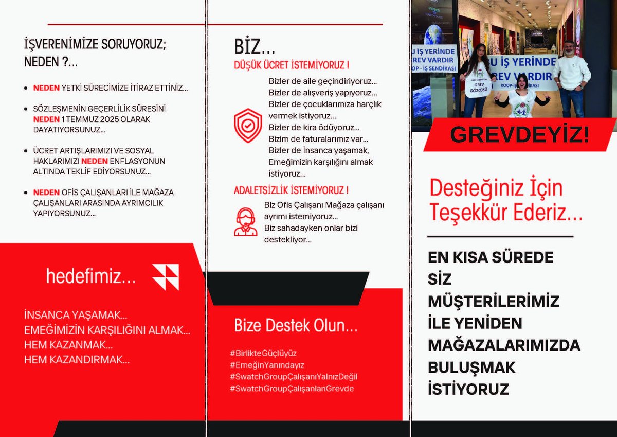 Emeğimizin karşılığını alana kadar mücadelemizi kararlılıkla sürdüreceğiz  #SwatchGroupÇalışanlarıGrevde
<a href="/Swatch/">Swatch</a>
<a href="/uniglobalunion/">UNI Global Union</a>
<a href="/swatchturkiye/">Swatch Türkiye</a>
<a href="/omegawatches/">OMEGA</a>
<a href="/uniglobalunion/">UNI Global Union</a>
<a href="/swatchgroup/">Swatch Group</a> 
#GrevVar
#GrevdeBirlik
#İşçininZamanı
#ZamanDolduSwatch
#SwatchTimeIsUp
#EmeğeSaygı