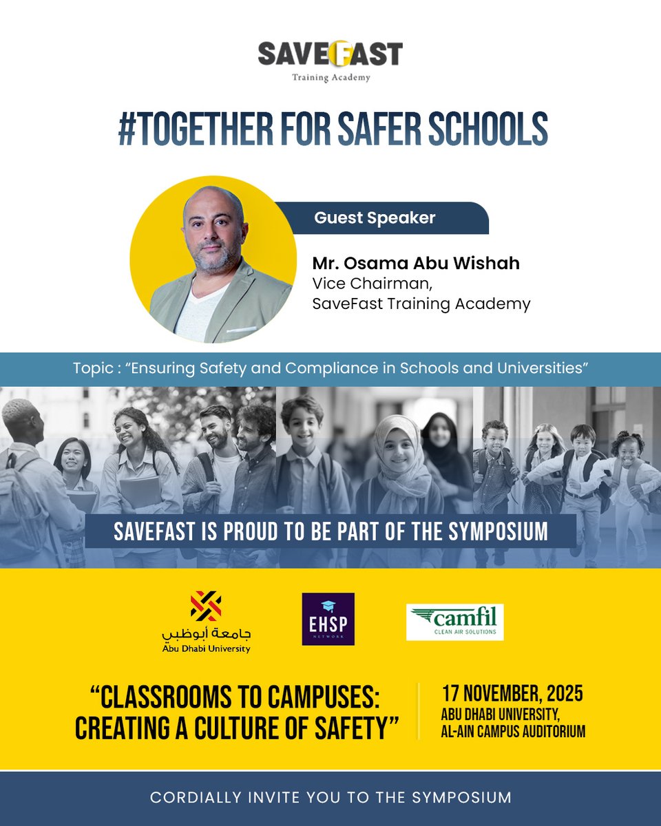 save_fast's tweet image. SaveFast Training Academy joins the “From Classrooms to Campuses: Creating a Culture of Safety” symposium at Abu Dhabi University. Our Vice Chairman, Osama Abu Wishah, shares insights on school &amp;amp; university safety. Nov 17, ADU Al-Ain.
#SaveFastTraining #SafetyCulture