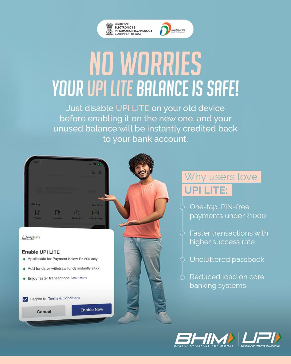 _DigitalIndia's tweet image. Say goodbye to delays for small payments!

Experience UPI LITE — the smart, pin-less way to pay under ₹1000.

 Fast, simple, and secure — anytime, anywhere!

#UPILite #DigitalPayments #UPI #CashlessIndia #FintechIndia #DigitalIndia #SmartPayments #UPIIndia