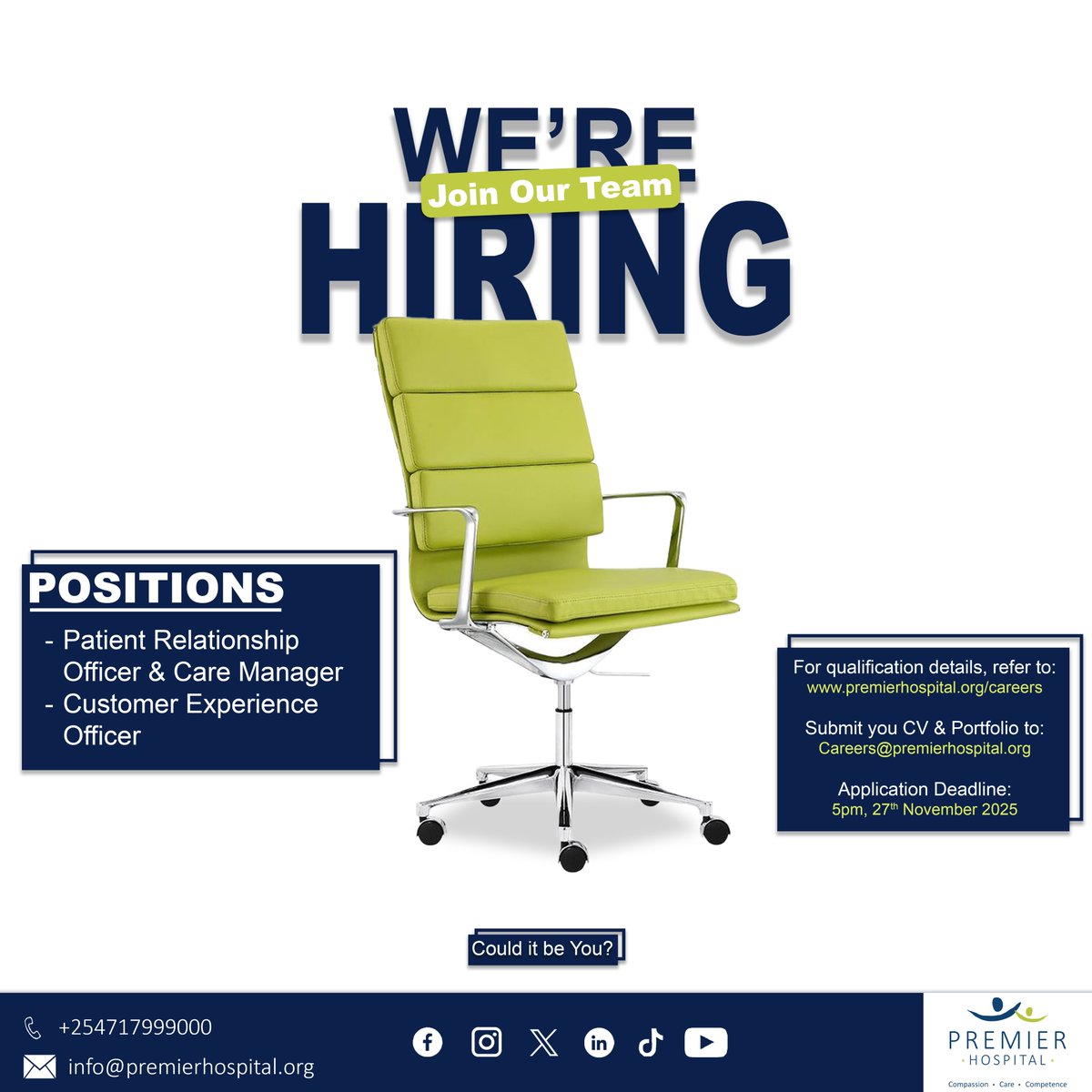 We’re hiring!
If you’re passionate about making a real impact in healthcare, send your application to careers@premierhospital.org.

Only shortlisted candidates will be contacted. No recruitment fees required.