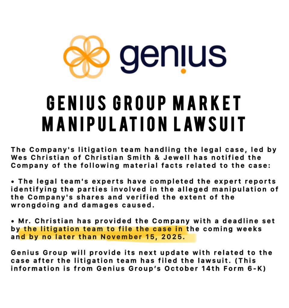 xMarketNews's tweet image. BREAKING🚨 HUGE NEWS FOR ALL RETAIL INVESTORS

GENIUS GROUP IS SET TO FILE A LAWSUIT FOR SPOOFING RELATING TO NAKED SHORTING TODAY (OR POSSIBLY TOMORROW) 

Defendants set to be released after a nearly three-year investigation $GNS
Who do you think it will be? $AMC $GME $MMTLP