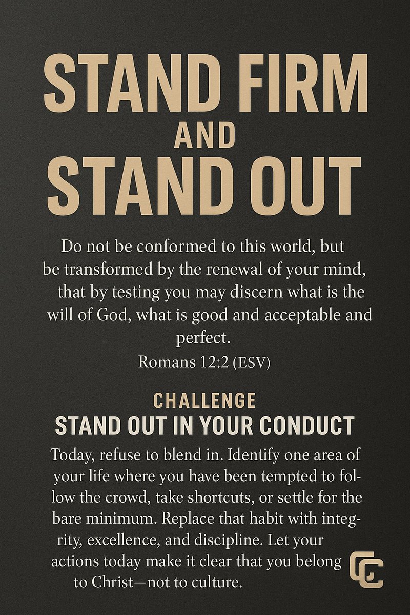 Corey_The_Coach's tweet image. Stand firm in your faith. Stand out in your conduct. Don’t blend into a culture God called you to rise above. Romans 12:2. 🔥

transformedbytruth.home.blog/2025/11/14/sta…

#DailyDevotional #Friday #ChristianContent #CoachCorey #TransformedByTruth #Read #FollowGod