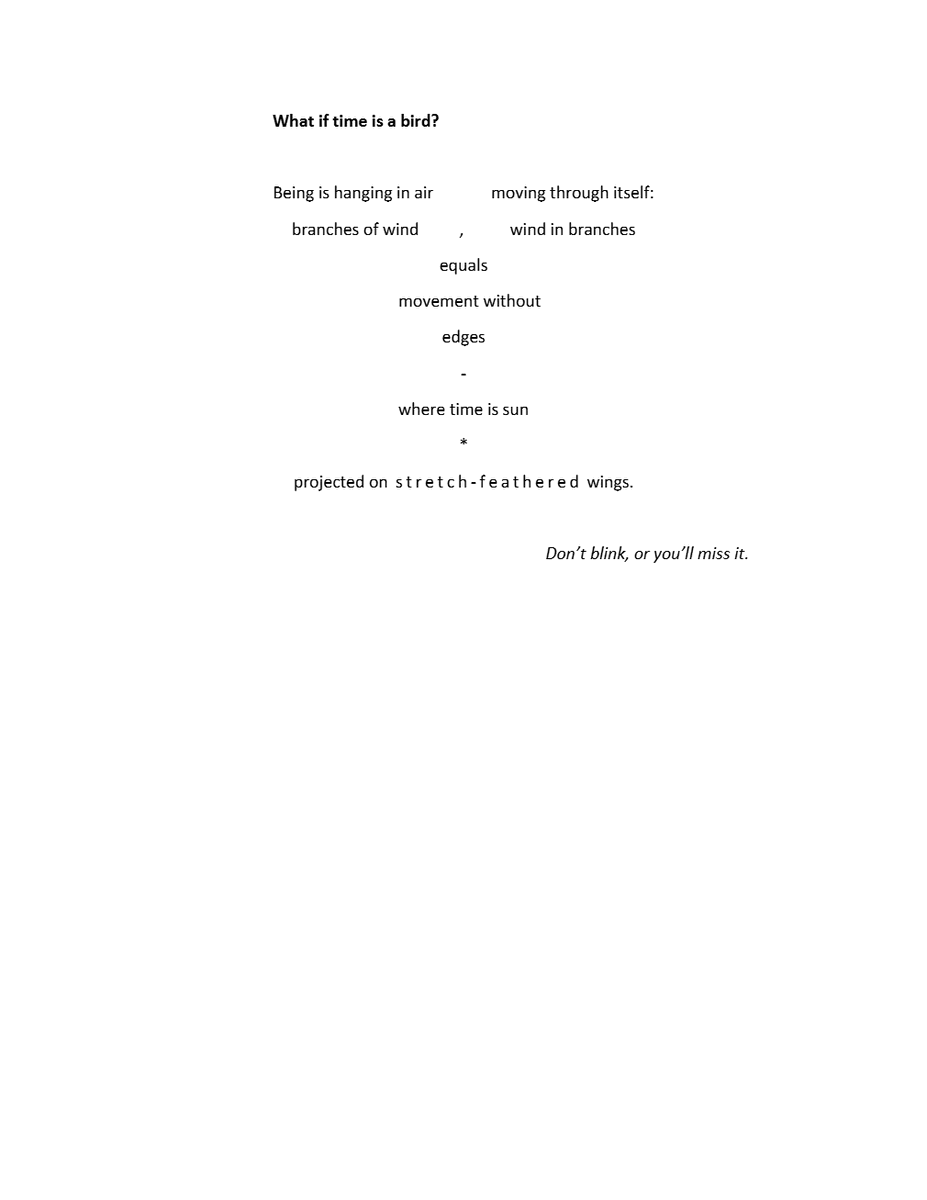 Good morning! All this wet and windy weather has us longing for change, but should we be in such a hurry? This weeks 'Sunday Best' considers, "What if time is a bird?" by the amazing <a href="/Concordmoose/">@concordmoose.bsky.social</a>. One to read again and again. Inhale, appreciate the now.

susiewilsonpoet.com