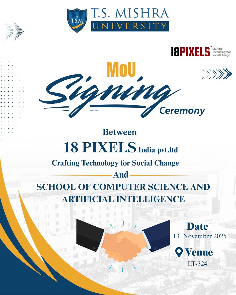 tsm_university's tweet image. T.S. Mishra University is pleased to announce the successful MoU signing with 18 Pixels India Pvt. Ltd., strengthening our commitment to industry-integrated learning. As part of this initiative, the company conducted an insightful session with students.