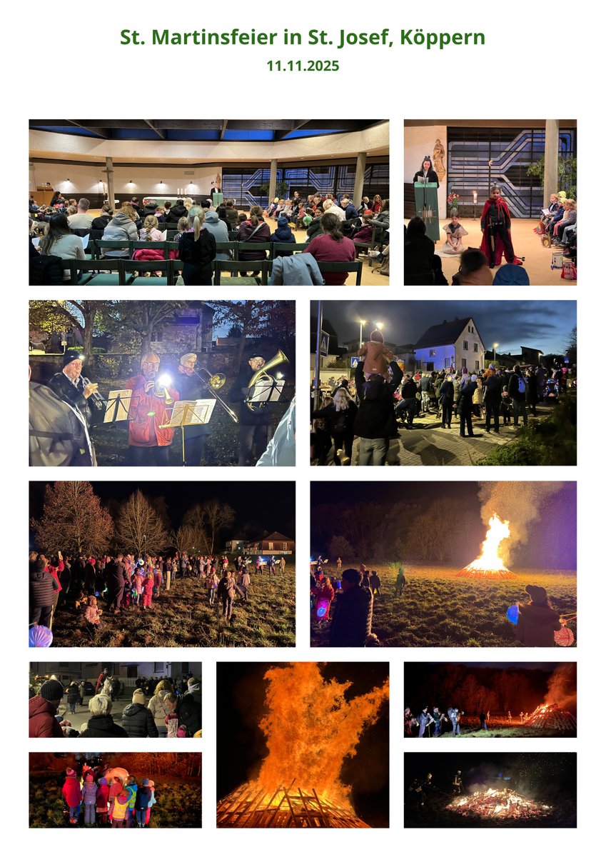 St. Martinfeier in St. Josef, Friedrichsdorf-Köppern. Unsere diesjährige St. Martinsfeier fand am 11.11.2024 statt und war wieder sehr gut besucht und erfreute Jung und Alt. Die Kinder der jungen Familien aus Köppern und Umgebung freuten sich über Martinsspiel und  Martinswecken.