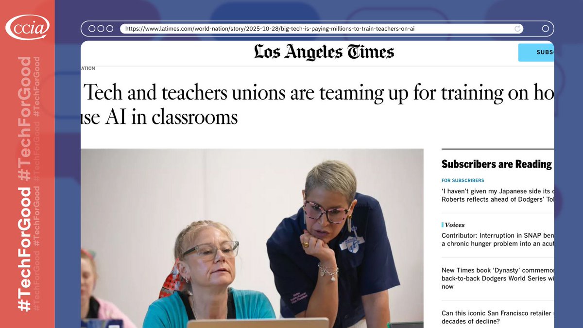 ccianet's tweet image. To prepare students for tomorrow, we must empower teachers today. That&apos;s why tech companies are funding massive new 3training programs to help educators master #AI, closing the skills gap for the next generation. #TechForGood 1/2