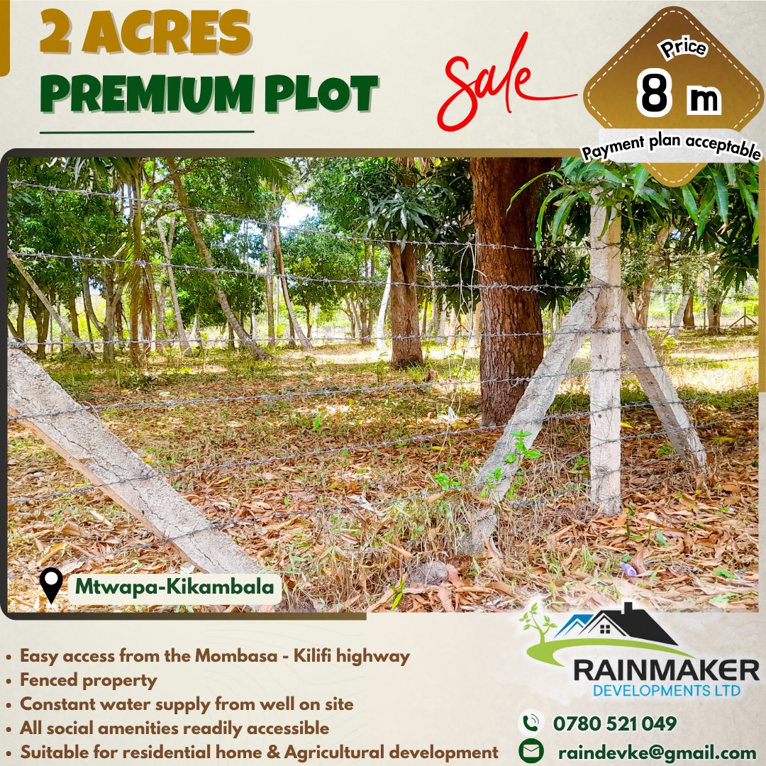 KeRainmaker's tweet image. 🌴 Prime 2 Acres in Mtwapa! 🏡✨

✅ Strategic Location | ✅ High-Return Investment | ✅ Perfect for Homes or Development
💰 Offer Price: KES 8M – Secure top-value land and build with confidence!

📞 0780521049 | 📧 raindevke@gmail.com