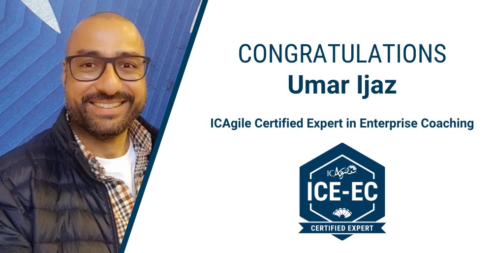 ICAgile's tweet image. Join us in celebrating Umar Ijaz, who earned the prestigious, competency-based ICAgile Certified Expert in Enterprise Coaching (ICE-EC) designation!

Learn more about competency-based certification for the discipline of Enterprise Coaching: hubs.la/Q03SFJlH0