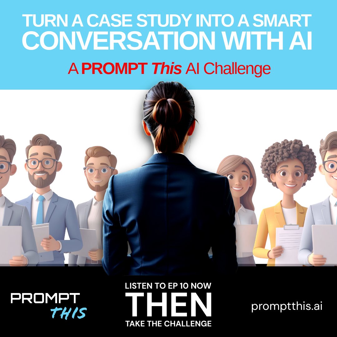 PROMPT_This_AI's tweet image. AI Challenge: Interview a Case Study

In this challenge, you’ll see how AI can act like an interactive partner. Speak directly to the case study though ChatGPT and ask questions about the specifics and strategy.

Try it here: zply.io/aU5JOn