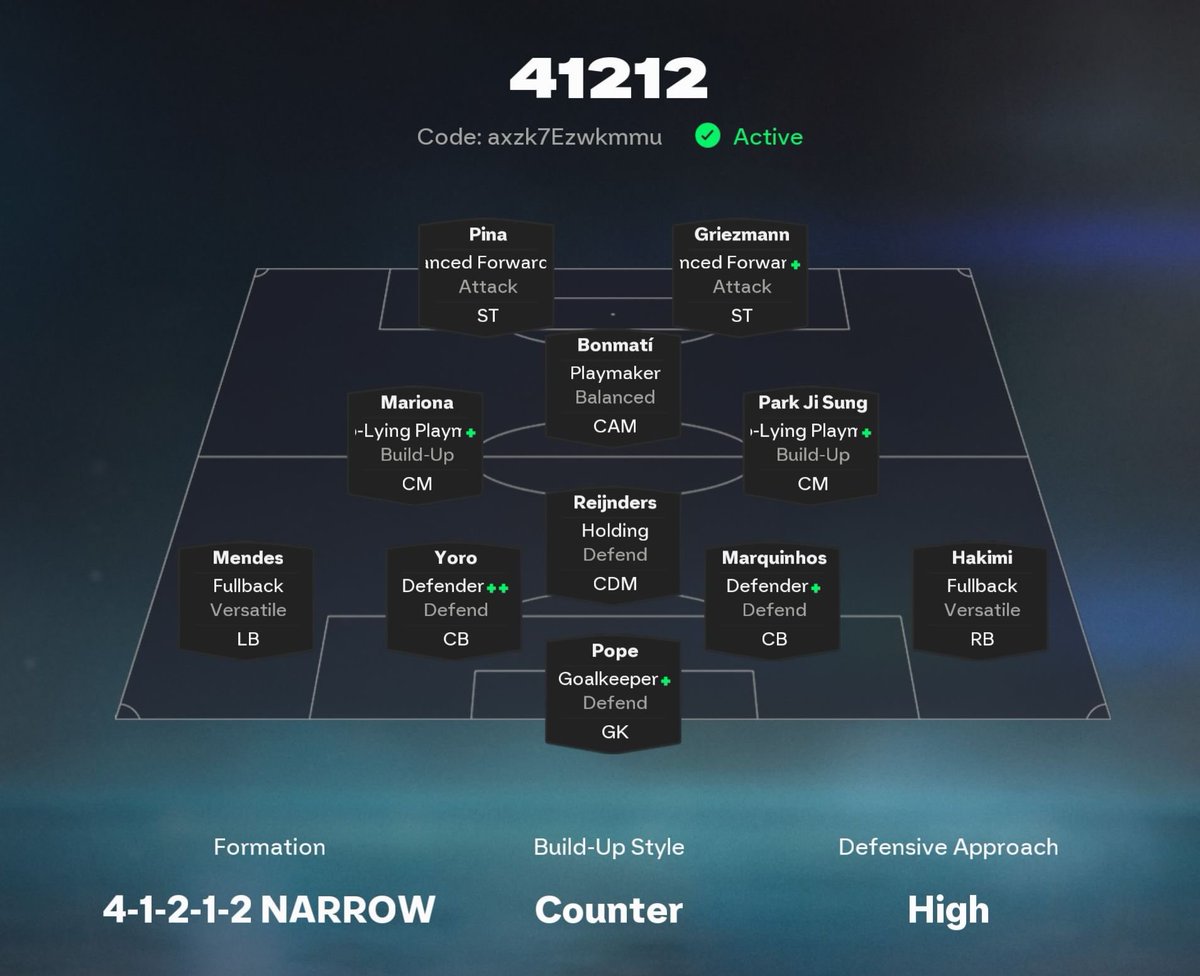 FutServicePro's tweet image. 🚨4-1-2-1-2 (2) Tactics

After the latest patch, the CPU is so OP🔥

One of the most aggressive setups in the meta. Fast transitions, tight midfield control, and a CAM that does all the damage.

#EAFC26 #FUT #Tactics