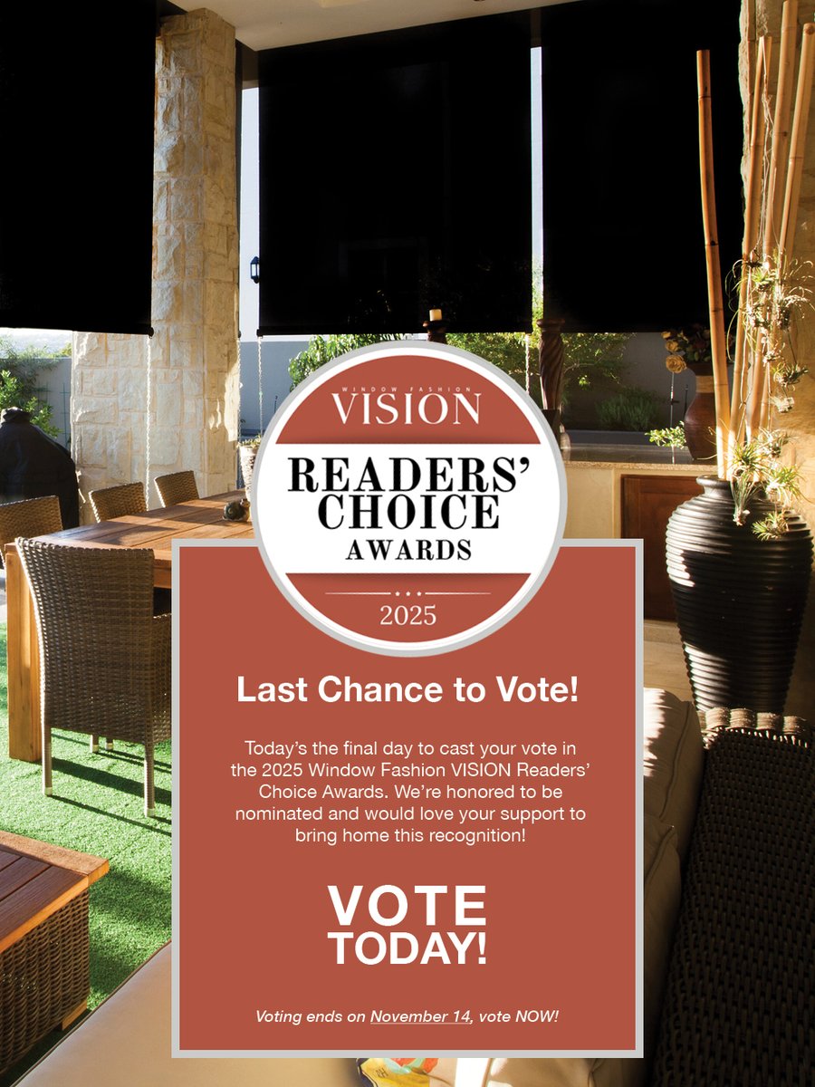 Today is the last chance to get your votes in for Window Fashion VISION’s first-ever Readers' Choice Awards, honoring the brands and professionals shaping excellence across the window coverings industry. 

VOTE TODAY for Phifer in 7 categories >> wf-vision.com/readers-choice…