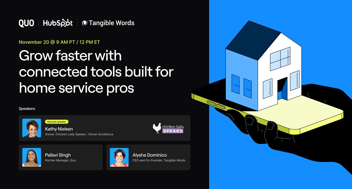 TangibleWords's tweet image. Stop losing revenue because of missed calls with #Quo: a next-gen front-office communication hub for #HubSpot. 

Join the free webinar with guests Kathy Nielsen and Pallavi Singh on Nov. 20th at noon EST by registering for the event here: hubs.ly/Q03T8ywz0 @gowithquo