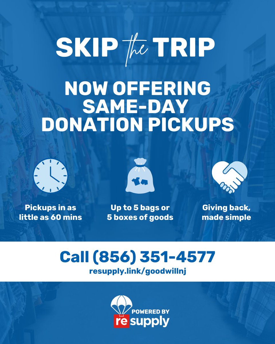Your space is full — but giving back just got easy. 
Goodwill partners with ReSupply + Uber for simple donation pickups.
👜 Pickup in as little as 60 mins
📦 Up to 5 bags free
🛋 Furniture pickups available (small fee)
You pack it. We handle the rest. 
#GoodwillNJ #GoodwillPhilly