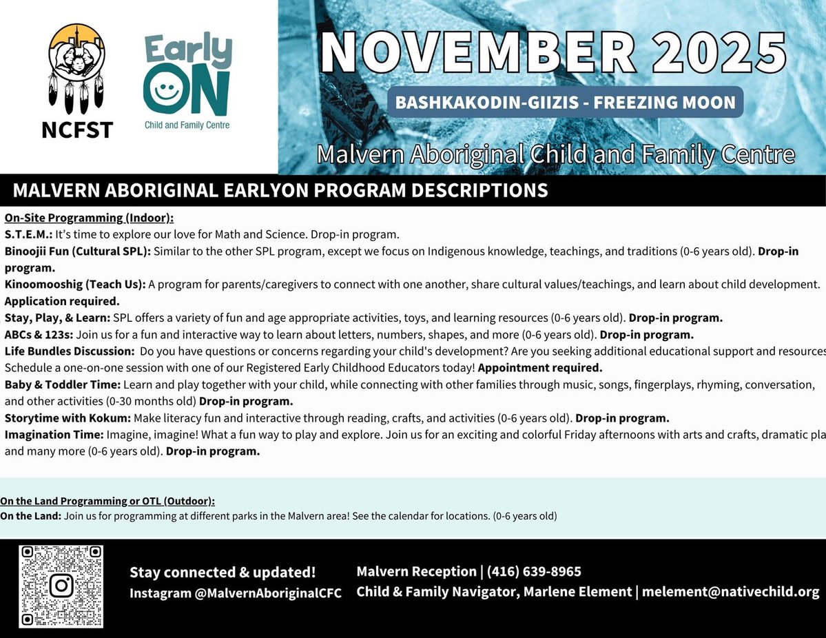 As the weather cools, our EarlyON centres stay warm and welcoming. Families with children 0–6 are invited to join us this November at the Malvern EarlyON for play, stories, and connection.

@malvernaboriginalcfc
