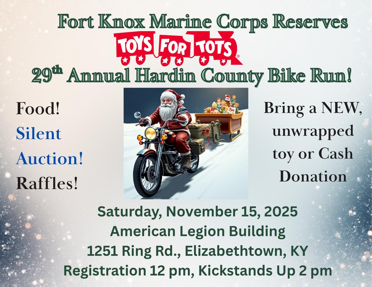 Rev up for a great cause! 🏍️

Join us at the Annual Toys for Tots Bike Run THIS Saturday, Nov. 15 at the American Legion Building in Elizabethtown.

Bring your bike, holiday spirit, and a new unwrapped toy to spread joy to kids in our community. 🎁 #ToysForTots