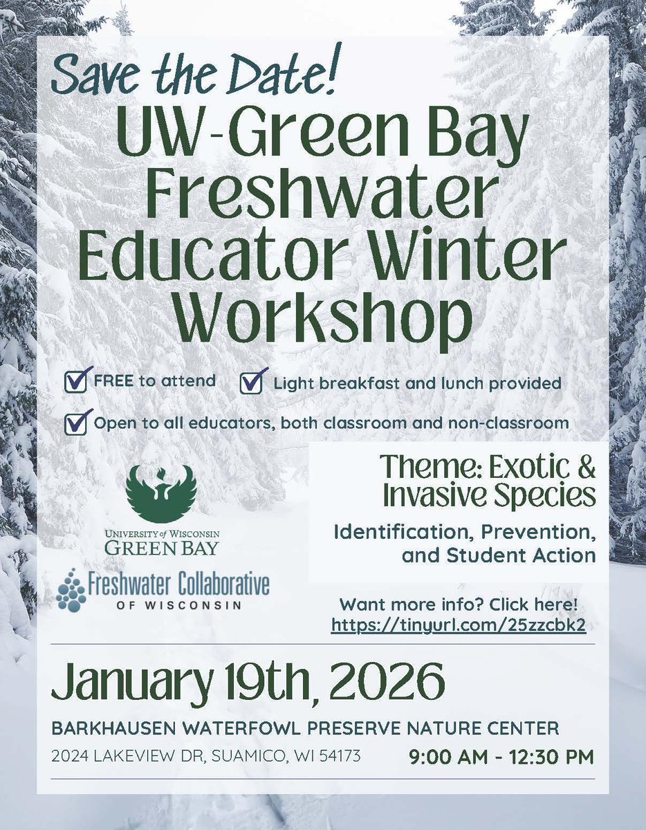 🧊 Educators! Join UW-Green Bay’s free Freshwater Winter Workshop on Jan. 19 in Suamico, WI. Explore invasive species in the Great Lakes + get tools for student action (games, videos, &amp; more). 

See details &amp; register here: go.wisc.edu/229u40