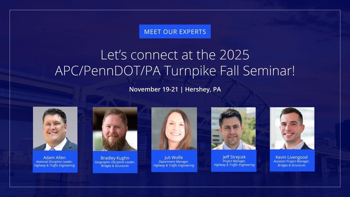 ColliersEng's tweet image. Meet us in Hershey! 
Our team is heading to the APC/PennDOT/PA Turnpike Fall Seminar, and we're looking forward to connecting with transportation professionals from across Pennsylvania.