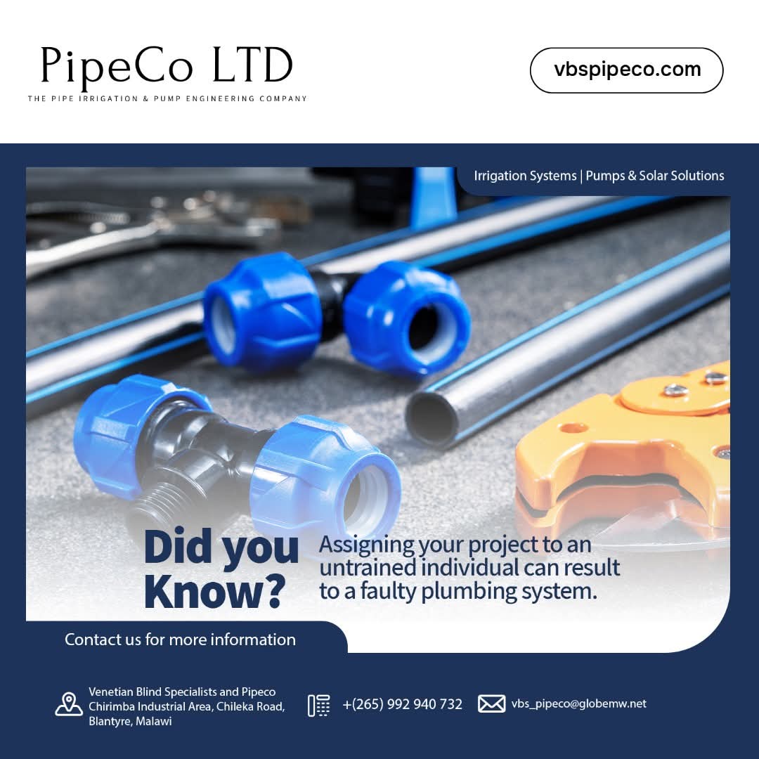 Bizmalawi's tweet image. Get your irrigation game strong with PipeCo LTD!
Specialists in pipe irrigation &amp;amp; pump engineering, ensuring your project doesn&apos;t end up with faulty plumbing
More info: bizmalawi.com/listing/pipeco…
#IrrigationSolutions #PipeCoLTD #PumpsAndSolar #MalawiAgriculture #EngineeringMatters