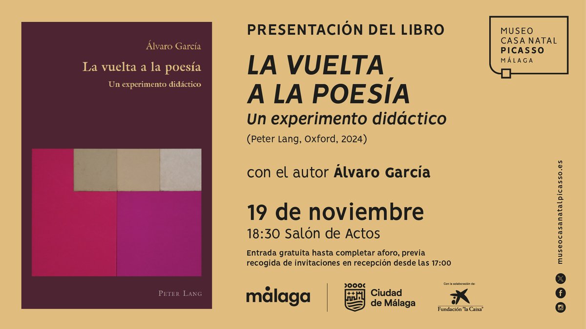 📙 Acompáñanos el próximo miércoles en la presentación del libro 'La vuelta a la poesía. Un experimento didáctico', en el que el escritor malagueño Álvaro García explora la relevancia de la escritura poética en el aula universitaria y escolar. 

ℹ️ goo.su/fvD8ebD