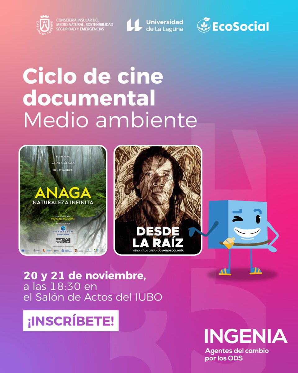 📍 ¿Tienes plan para el 20 y 21 de noviembre?

El programa Ingenia y Ecosocial te invitan a un viaje cinematográfico por nuestro entorno natural 🌱

🎥Disfruta de las proyecciones de: 'Anaga, naturaleza infinita' y 'Desde la raíz'

Inscripción gratuita 👉 t.ull.es/25hb