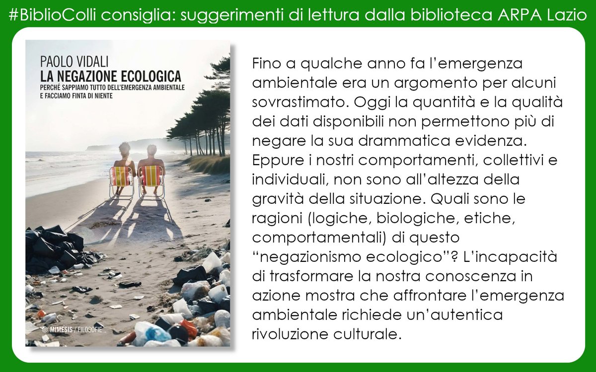 Volete saperne di più su ambiente, scienza etc?

La Biblioteca Paolo Colli di #ARPALazio ha ampia scelta di titoli #ebook da prendere in prestito con pochi click da: biblioteca.arpalazio.it/prestito-e-boo…

Oggi suggeriamo "La negazione ecologica" di Paolo Vidali