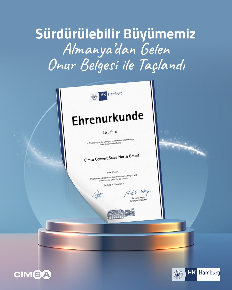 Almanya’daki iştirakimiz Çimsa Cement Sales North GmbH, Hamburg Ticaret Odası tarafından ‘Ehrenurkunde’ (Onur Belgesi) ile takdir edildi.

Bu önemli takdir, uluslararası ticaretteki güçlü varlığımızın, yenilikçi vizyonumuzun, güçlü organizasyon yapımızın ve değişen koşullara