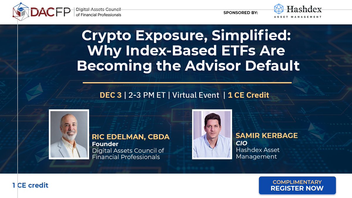 Direct crypto exposure brings custody and compliance challenges.

Index-based ETFs offer a simpler alternative.

Join <a href="/ricedelman/">Ric Edelman</a> and <a href="/hashdex/">Hashdex</a> CIO <a href="/SamirKerbage/">Samir Kerbage</a> on Wed, Dec. 3 at 2pm ET for a free 1 CE webinar.

Register: bit.ly/47Iqoru