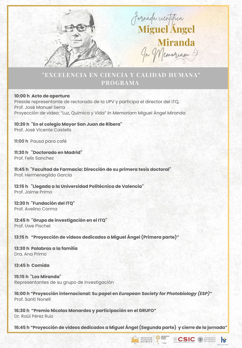 ITQ_UPVCSIC's tweet image. Jornada científica Miguel Ángel Miranda &quot;In Memorian&quot;: Excelencia en Ciencia y Calidad Humana

El viernes 5 de diciembre realizaremos un homenaje a Miguel Ángel Miranda en el edificio Nexus de la @UPV

📅 05/12/2025 (10h)
📍 Salón de Actos - Nexus

🔗forms.cloud.microsoft/Pages/Response…