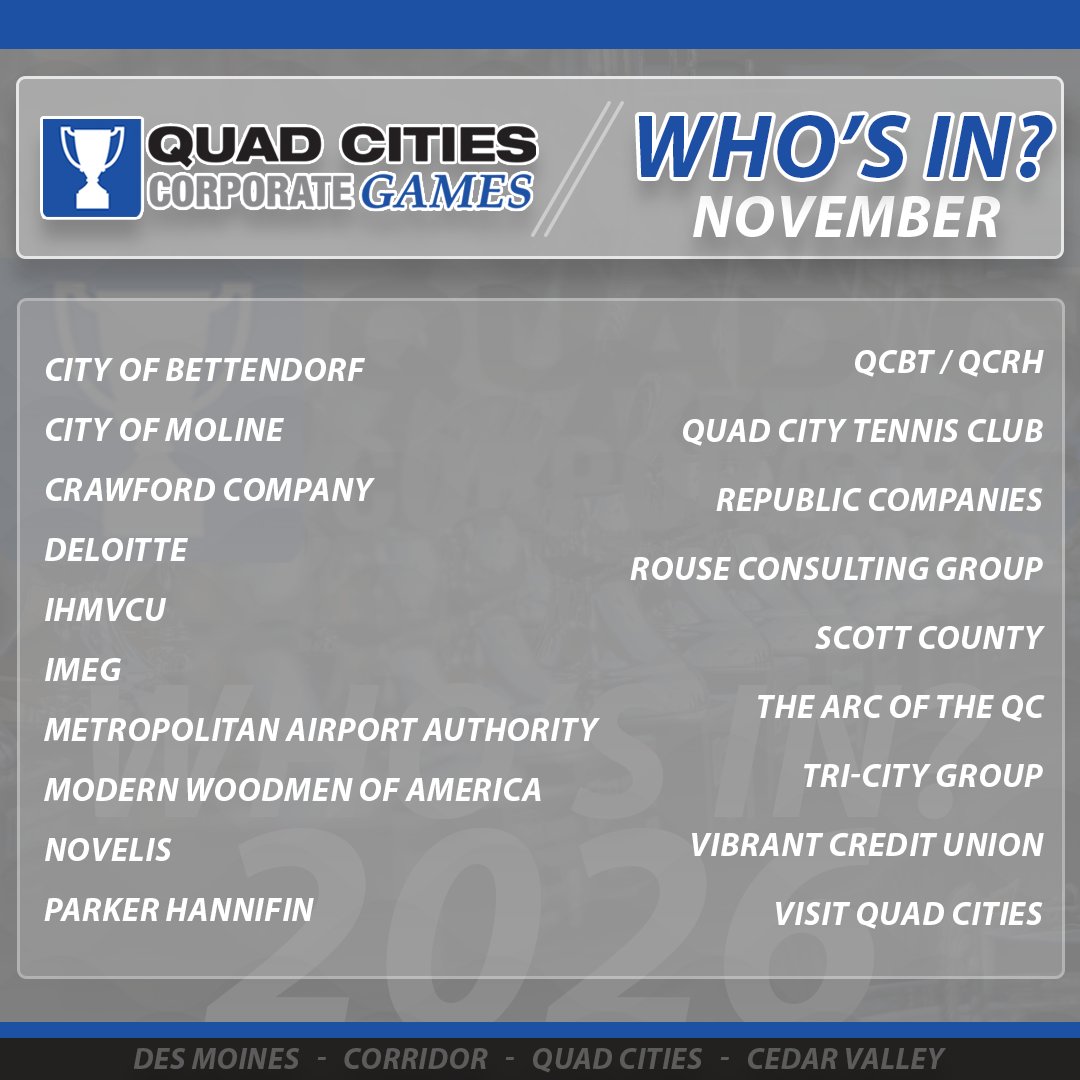 Happy Friday! It's only November, but we're always thinking about the summer. Here's WHO'S IN so far - registering early!

Join that list here - qccorporategames.org