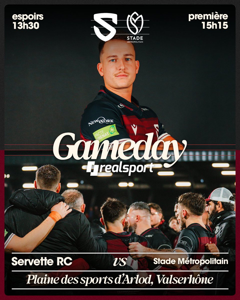 𝗚𝗔𝗠𝗘𝗗𝗔𝗬  ⚔️

Le Servette RC a besoin de votre soutien aujourd'hui à Valserhône pour la réception du Stade Métropolitain ! 🔥

🕒 13h30 Espoirs, 15h15 Première
🏟 Plaine des sports d’Arlod
🎟 bit.ly/billetterie_src

#NotreHistoireContinue
🤝 Présenté par Realsport