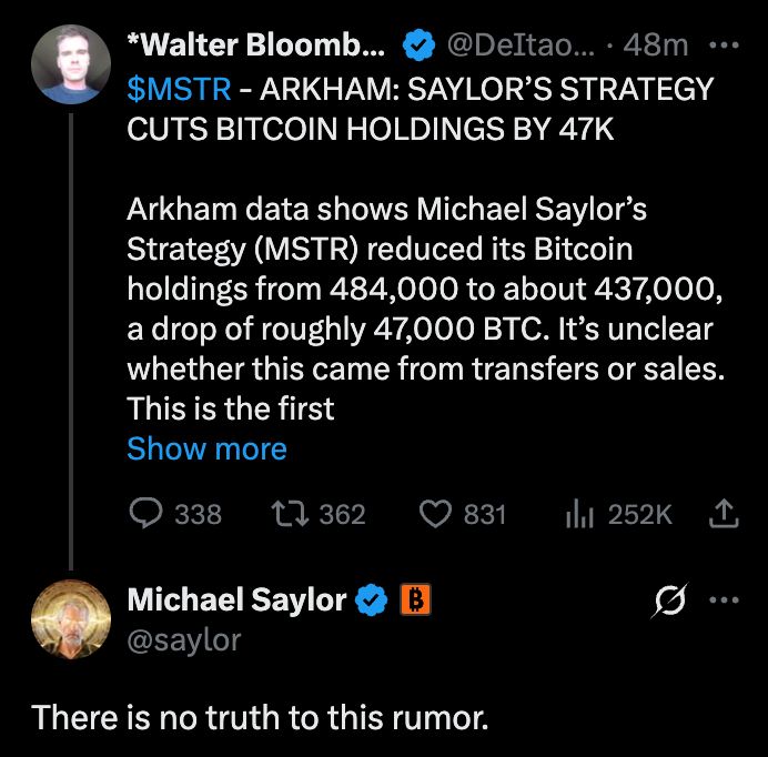 🚨 JUST IN: Michael Saylor addresses the rumor STRATEGY sold bitcoin 👇
