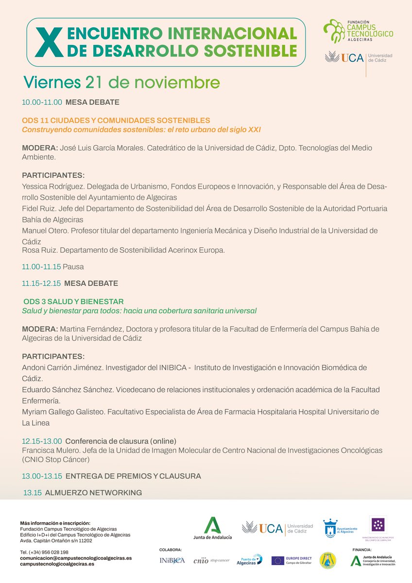 Conoce el programa completo del próximo ENCUENTRO INTERNACIONAL DE DESARROLLO SOSTENIBLE en #Algeciras, y si te interesa inscríbete y participa como público ¡Tu opinión cuenta!

encuentrodesarrollososteniblefcta.es/PROGRAMA/