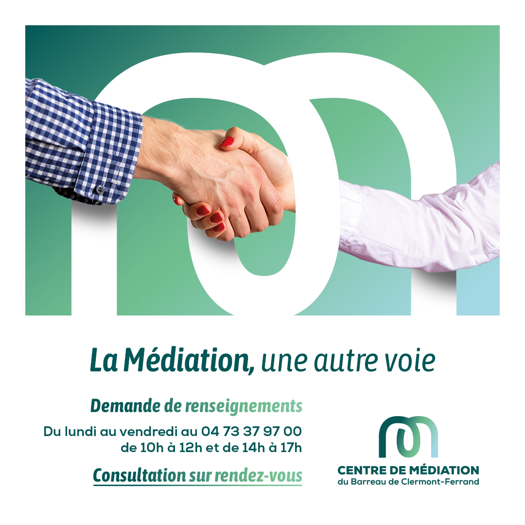 Le 19 novembre, de 14h à 16h, des consultations gratuites sont proposées dans le cadre du Centre de médiation. Vous avez besoin de résoudre un conflit ou un différend à l'amiable, venez nous rencontrer à la Maison de l'avocat, au 9 rue Lamartine à Clermont-Ferrand.