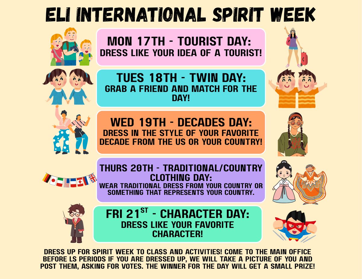 Next week we will celebrate International Education Week #IEW2025 &amp; have some fun w/ Spirit Week at #UFLELI! Come to the main office before LS to get your picture taken to post for votes! We 🧡 💙International Education! #StudyAbroad #StudyEnglishAbroad #GoInternational