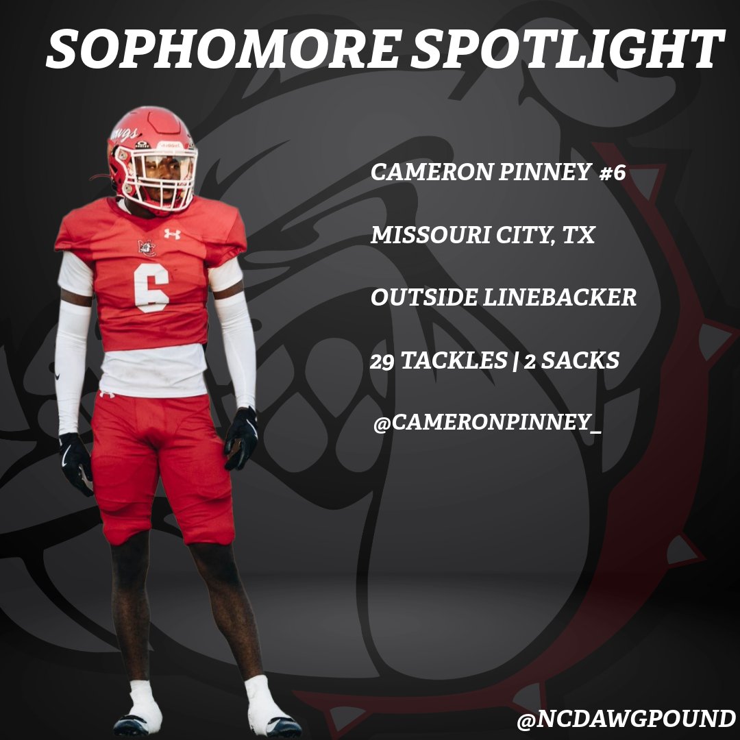 SOPHOMORE SPOTLIGHT

Cameron Pinney #6
Missouri City, TX
Outside Linebacker
29 Tackles | 2 Sacks
<a href="/cameronpinney_/">Cam Pinney</a> 
hudl.com/video/3/184036…