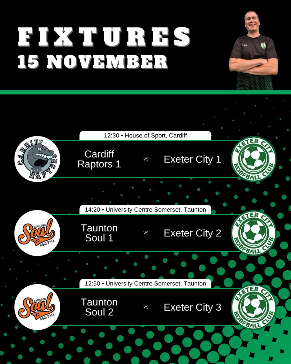 Fixtures for this weekend! Good luck everyone 💚🖤
#korfball #korfballeague #exeter #exetercitykorfball #exetersport #TeamSport #mixedgendersport #sportforall <a href="/swkakorf/">SWKA Korf</a> <a href="/RaptorsKorfball/">Cardiff Raptors Korfball Club</a> <a href="/TauntonKorfball/">Taunton Korfball</a> <a href="/swsportsnews/">South West Sports News</a>