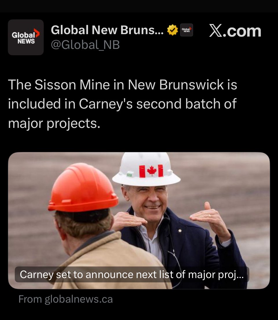 Another economic hostage - Sisson Mine - gets released by HardHat Carney. 

After 8 years in Liberal green bureaucracy red tape hell NB Sisson mine was one of the lucky few to get released today. 

Leaving hundreds of other major projects across Canada locked up in the same