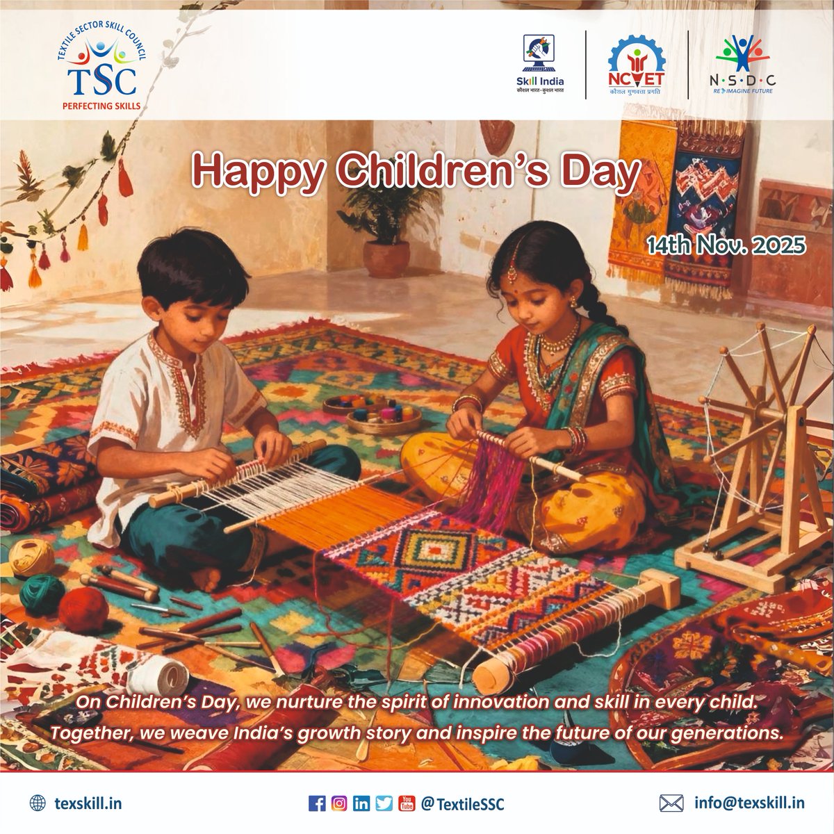 TextileSSC's tweet image. Every child is a story waiting to shine. 🌟

On this Children’s Day, TSC celebrates the imagination, energy, and talent of India’s young generation.

Let’s nurture them with knowledge, skills, and opportunities - because today’s children are tomorrow’s creators.
#ChildrensDay2025