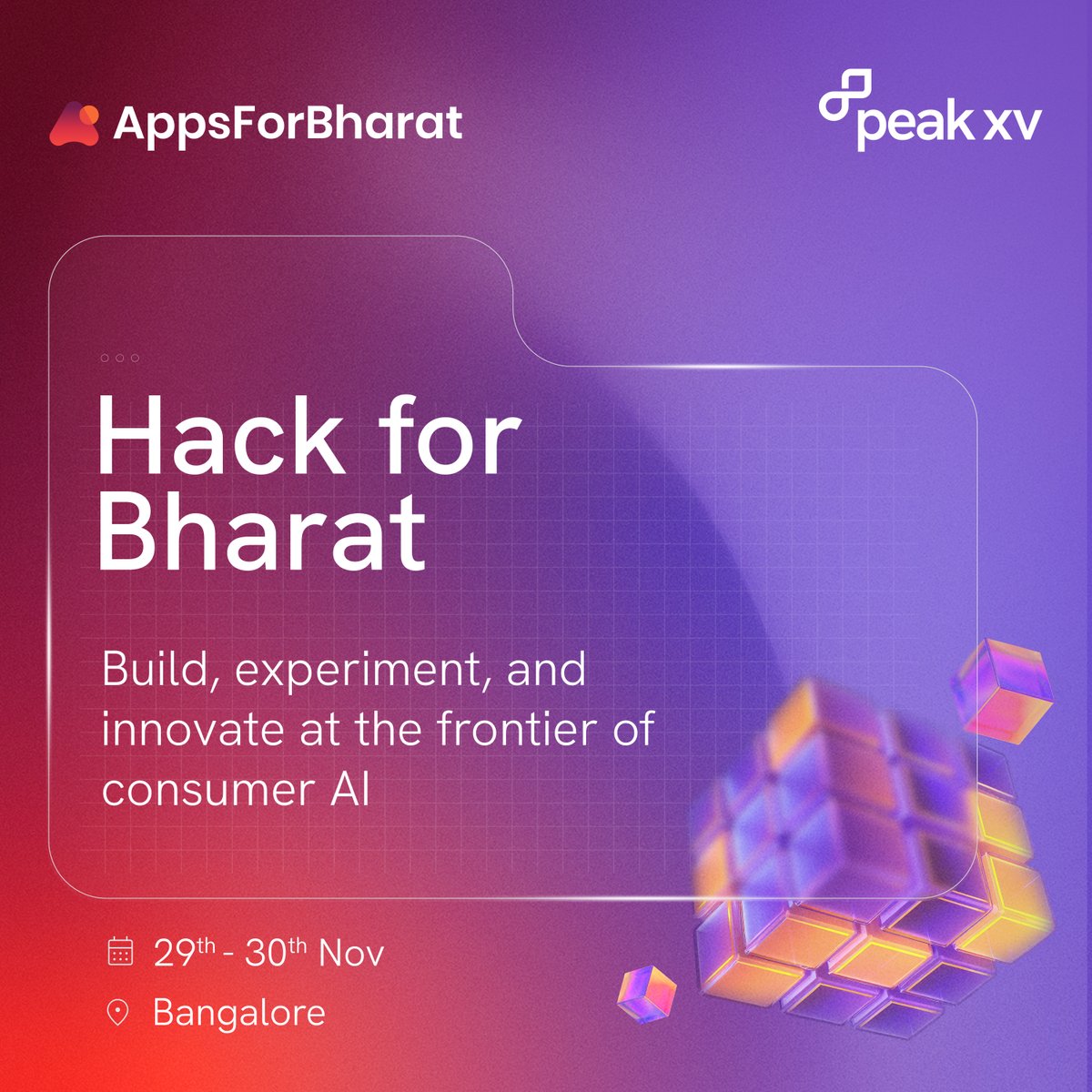 AppsForBharat's tweet photo. 🚀 Excited to announce Hack for Bharat, an invite only 24 hour hackathon by AppsForBharat × @peakxvpartners!
Bringing together India’s top tech builders to create AI-first consumer products that people use every day.
🗓️29–30 Nov |📍Bangalore

Apply now 👇
https://t.co/T5566AYlqi https://t.co/Z9XW8OHfnW