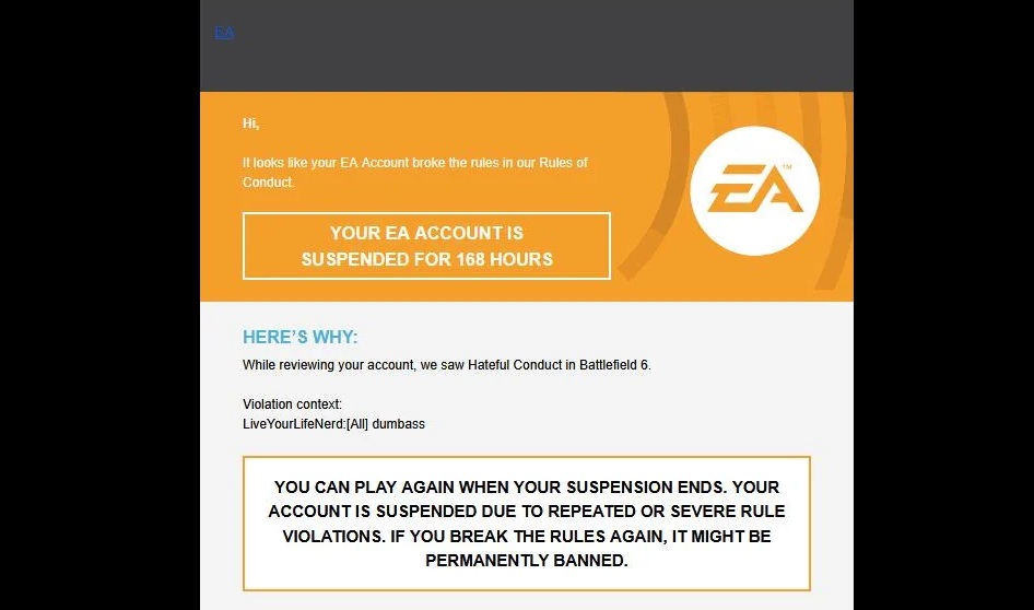 BattlefieldNET's tweet image. ℹ️ Currently people are being banned from the chat for trivial things. The word &quot;dumbass&quot; results in a 7-day ban. The statement &quot;On my way to blow shit up&quot; also leads to a 7-day ban, even though the phrase appears in the game itself.

#Battlefield | #Battlefield6 | #RedSec 🔥