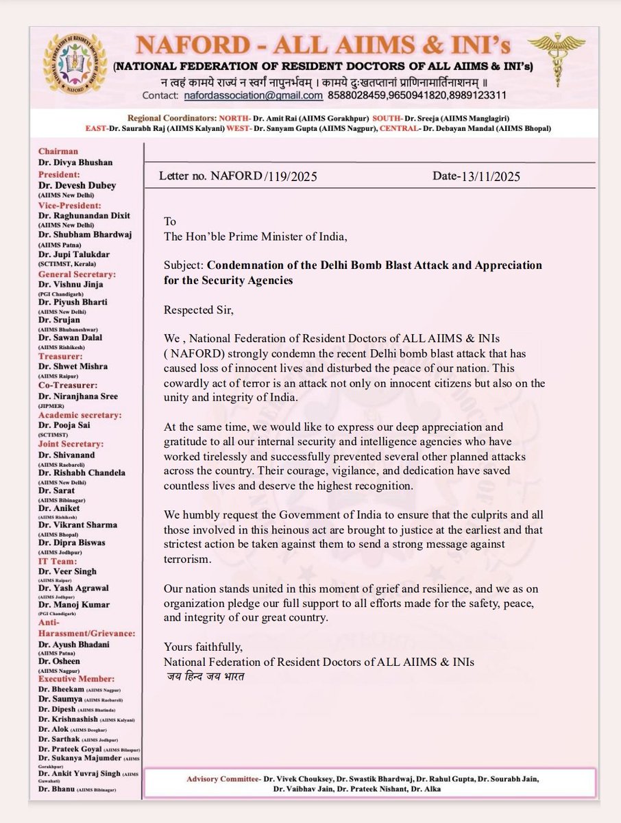 NAFORD strongly condemns the cowardly Delhi bomb blast that claimed innocent lives. We salute our security &amp; intelligence agencies for thwarting multiple attacks &amp; saving countless lives.
Letter sent to Hon’ble PM urging swift justice against terrorists. United for India’s safety