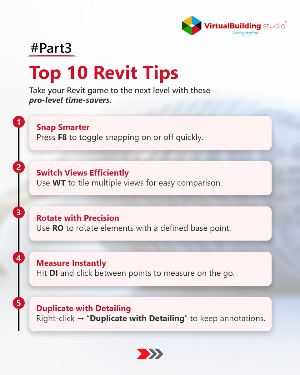 vbsglobal's tweet image. Ready for more Revit wisdom?
Here are 10 pro-level tips to boost precision, speed, and model control — Part 3!
 
Lock, rotate, and clean smarter.  
Explore more : bit.ly/4nRHxUp
#Revit #BIM #Architecture #RevitTips #AEC