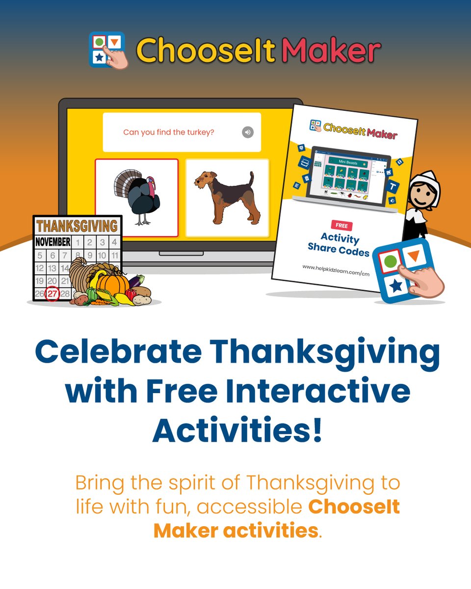 HelpKidzLearn's tweet image. Celebrate Thanksgiving with free, interactive activities for special education learners! 🍂

Explore four fun ChooseIt Maker activities that build choice-making skills, build curiosity and encourage gratitude.

These activities can be used with switch, touch, eye gaze or mouse…